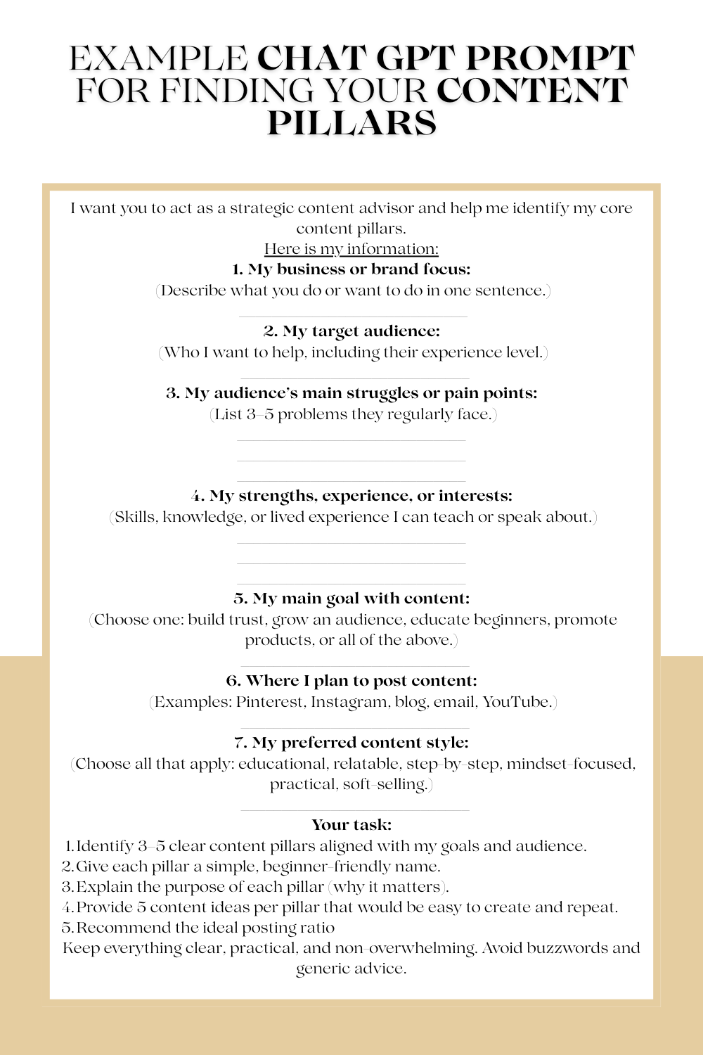 Chat GPT content pilliar prompt - Begin Her Life ChatGPT prompt to help find your content pillars.