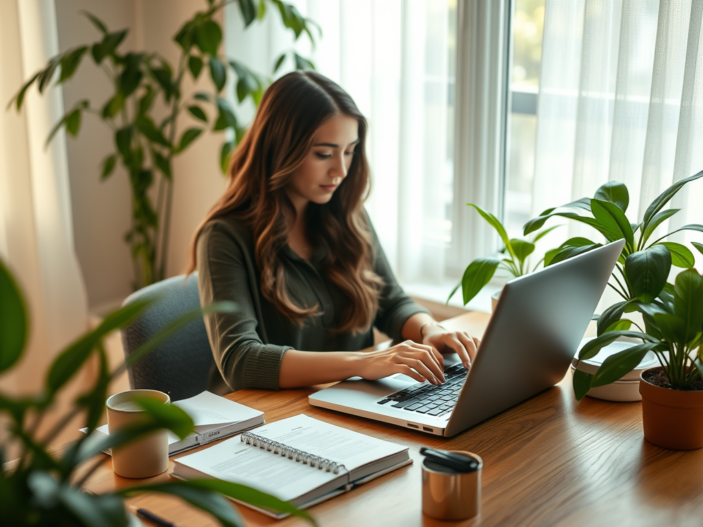 woman typing at her laptop working on her online business