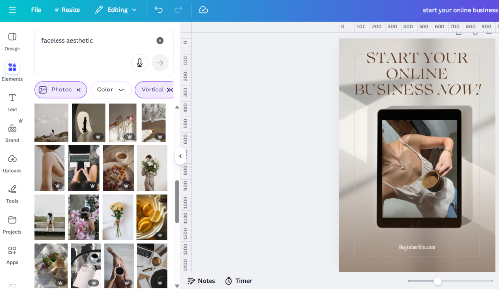 view inside Canva - Begin Her Life
