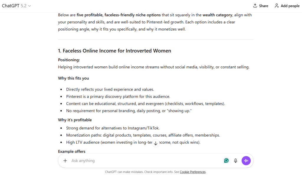 ChatGPT prompt niche recomendations