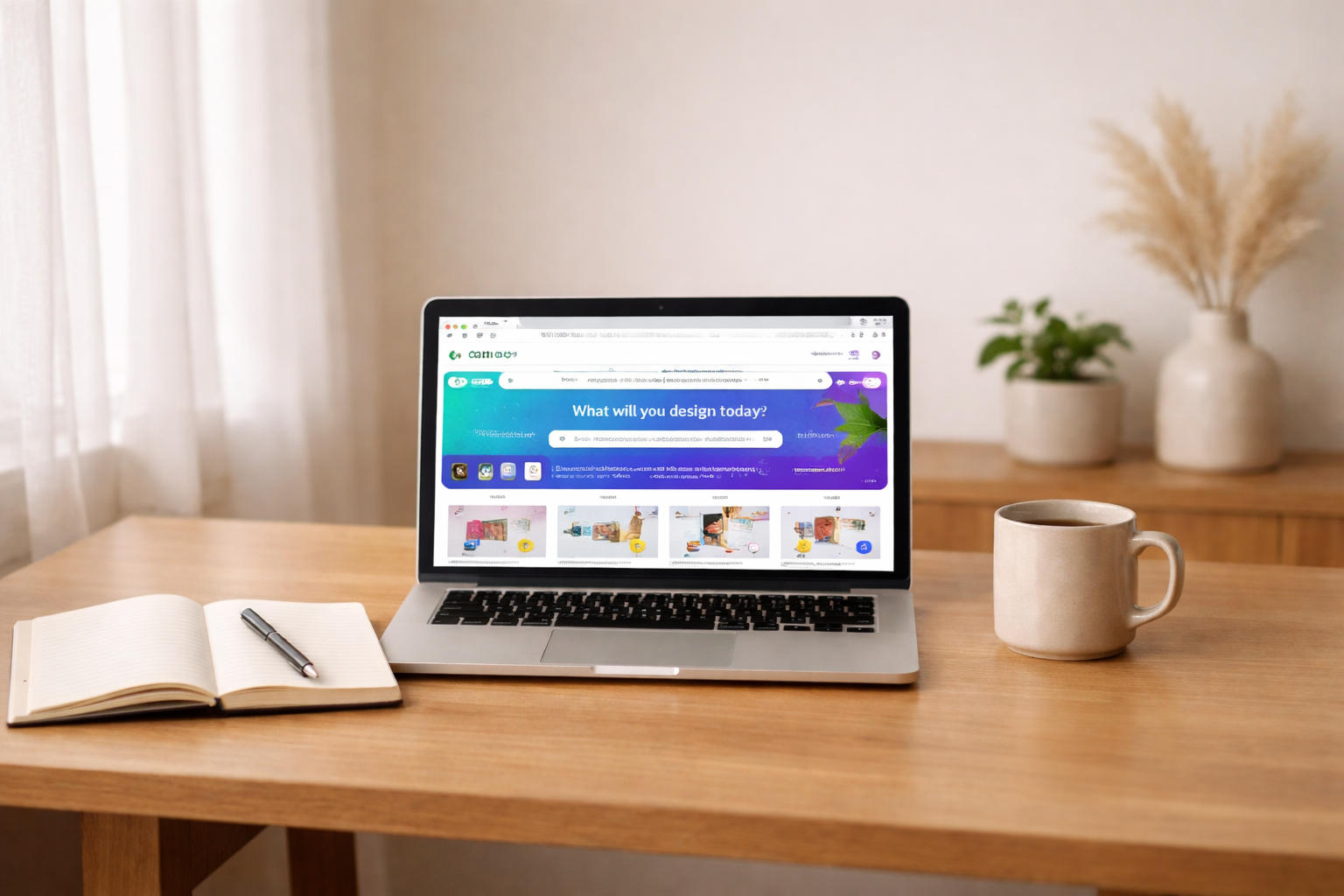 minimalist desk with laptop on Canva homepage